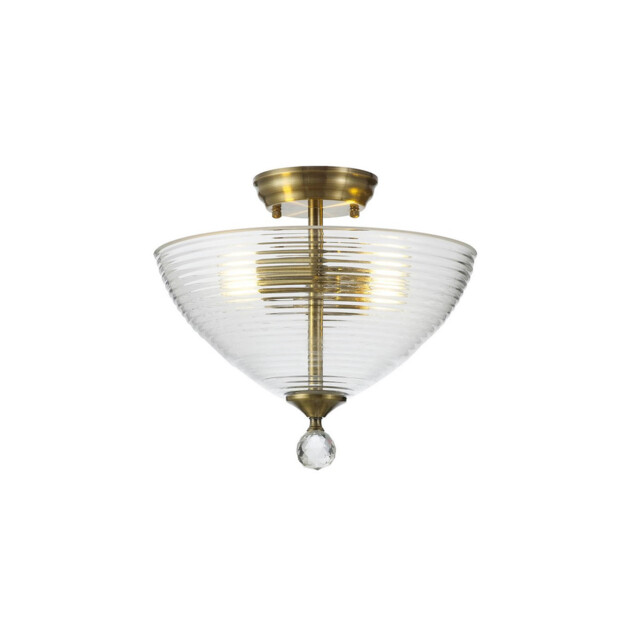 Dresden 2 Light Semi Flush Ceiling Lamp E27 With Round 33.5cm Prismatic Effect Glass Shade Antique Brass, Clear - image 1