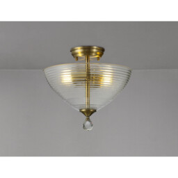 Dresden 2 Light Semi Flush Ceiling Lamp E27 With Round 33.5cm Prismatic Effect Glass Shade Antique Brass, Clear - thumbnail 3