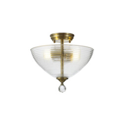 Dresden 2 Light Semi Flush Ceiling Lamp E27 With Round 33.5cm Prismatic Effect Glass Shade Antique Brass, Clear - thumbnail 1