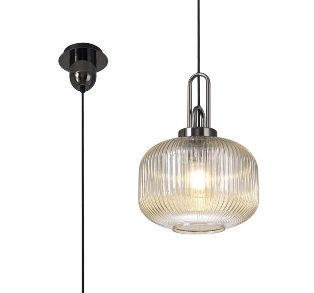 Yorktown 1 Light Pendant E27 With 30cm Pumpkin Shaped Ribbed Glass, Champagne Black Chrome, Matt Black - image 1