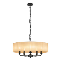 Banyan 5 Light Multi Arm Pendant With 60cm x 15cm Organza Shade Matt Black/Soft Bronze