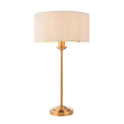 Highclere Table Lamp with Round Shade Vintage Brass, Natural Linen, 1x E14