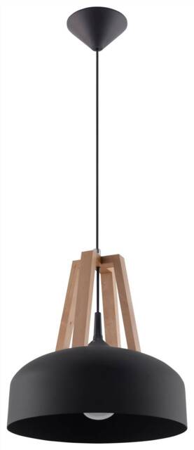 Casco 1 Light Dome Ceiling Pendant Black, Natural Wood, E27 - image 1