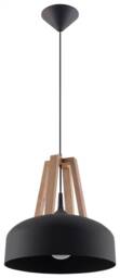 Casco 1 Light Dome Ceiling Pendant Black, Natural Wood, E27