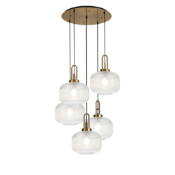 Yorktown 75cm 2.5m Round Pendant, 5 x E27, Brass Gold/Matt Black With 30cm Pumpkin Shaped Ribbed Clear Glass