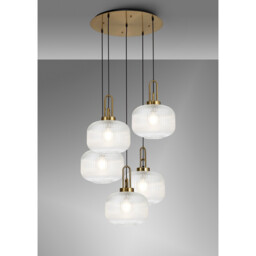 Yorktown 75cm 2.5m Round Pendant, 5 x E27, Brass Gold/Matt Black With 30cm Pumpkin Shaped Ribbed Clear Glass - thumbnail 3
