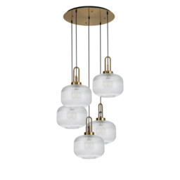 Yorktown 75cm 2.5m Round Pendant, 5 x E27, Brass Gold/Matt Black With 30cm Pumpkin Shaped Ribbed Clear Glass - thumbnail 5