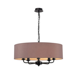 Banyan 5 Light Multi Arm Pendant With 60cm x 15cm Dual Faux Silk Fabric Shade Matt Black/Taupe