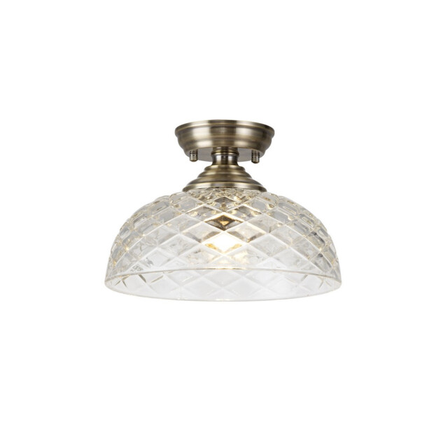 Dresden Flush Ceiling Lamp E27 With Flat Round 30cm Patterned Glass Shade Antique Brass, Clear - image 1