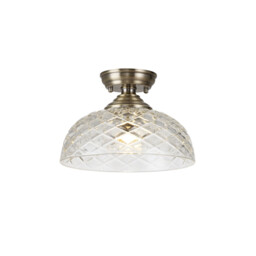 Dresden Flush Ceiling Lamp E27 With Flat Round 30cm Patterned Glass Shade Antique Brass, Clear - thumbnail 1