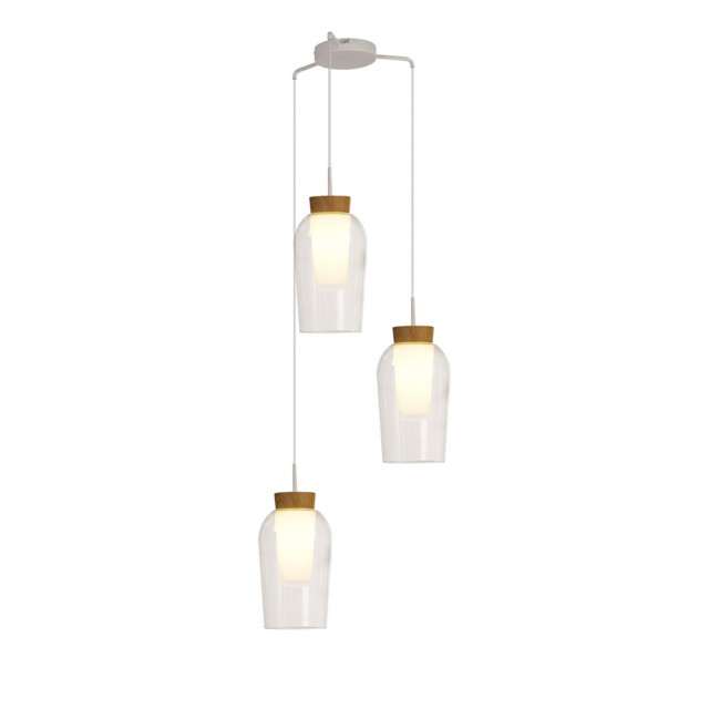 Nora Round Pendant, 3 Light Adjustable E27, White/Wood/Clear Glass With Frosted Inner - image 1
