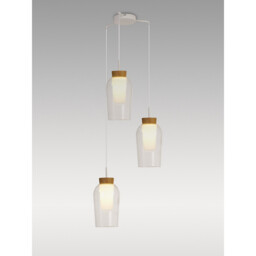 Nora Round Pendant, 3 Light Adjustable E27, White/Wood/Clear Glass With Frosted Inner - thumbnail 2