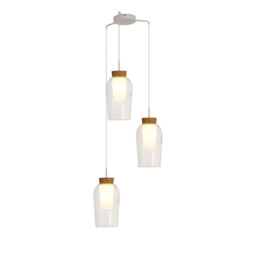 Nora Round Pendant, 3 Light Adjustable E27, White/Wood/Clear Glass With Frosted Inner
