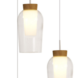 Nora Round Pendant, 3 Light Adjustable E27, White/Wood/Clear Glass With Frosted Inner - thumbnail 5