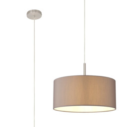 Baymont Satin Nickel E27 Single Pendant With 40cm x 18cm Faux Silk Shade, Grey/White Laminate