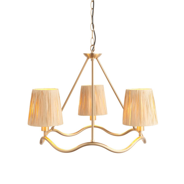 Wriggle Multi Arm Pendant Ceiling Light Brushed Aged Brass Plate, Natural Raffia, 3x E14 - image 1