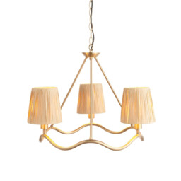 Wriggle Multi Arm Pendant Ceiling Light Brushed Aged Brass Plate, Natural Raffia, 3x E14