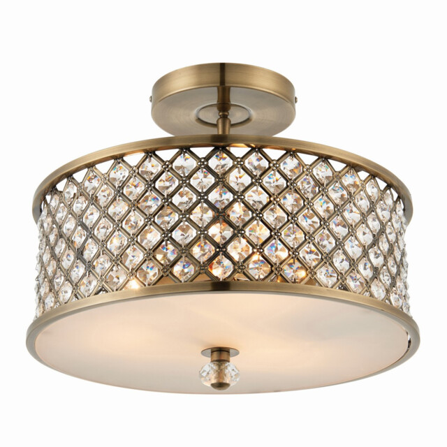 Hudson 3 Light Flush Ceiling Light Antique Brass, Crystal, E27 - image 1