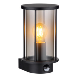 Gracey Outdoor Wall Lantern Matt Black IP54 Smoke Glass Shade 1x E27 Motion Sensor - thumbnail 1
