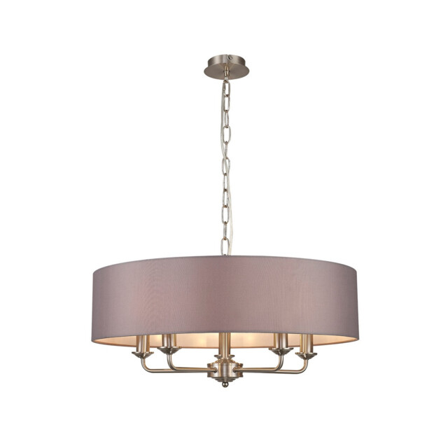 Banyan 5 Light Multi Arm Pendant, E14 Satin Nickel With 60cm x 15cm Faux Silk Shade, Grey - image 1