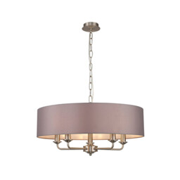 Banyan 5 Light Multi Arm Pendant, E14 Satin Nickel With 60cm x 15cm Faux Silk Shade, Grey