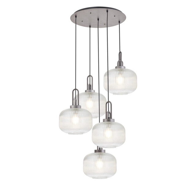 Yorktown 75cm 2.5m Round Pendant, 5 x E27, Pewter/Matt Black With 30cm Pumpkin Shaped Ribbed Clear Glass - image 1