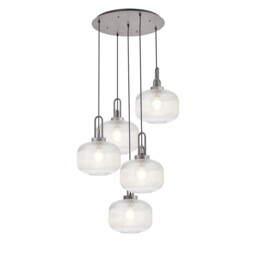 Yorktown 75cm 2.5m Round Pendant, 5 x E27, Pewter/Matt Black With 30cm Pumpkin Shaped Ribbed Clear Glass - thumbnail 1