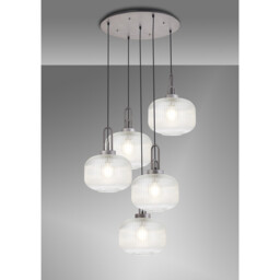 Yorktown 75cm 2.5m Round Pendant, 5 x E27, Pewter/Matt Black With 30cm Pumpkin Shaped Ribbed Clear Glass - thumbnail 3