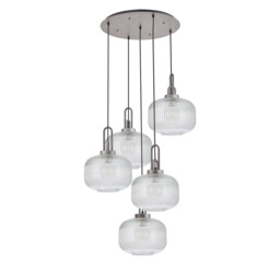 Yorktown 75cm 2.5m Round Pendant, 5 x E27, Pewter/Matt Black With 30cm Pumpkin Shaped Ribbed Clear Glass - thumbnail 5