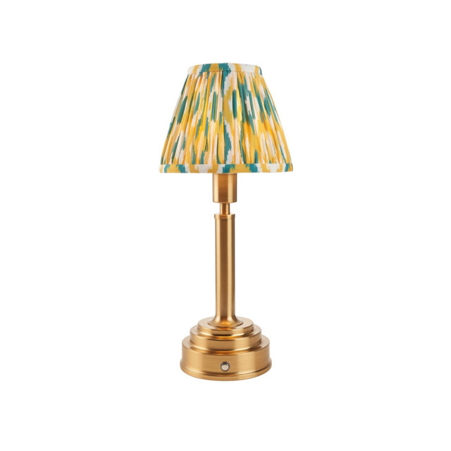 Upton Rechargeable Brushed Aged Brass Plate With Yellow Table Lamp with Jade Fabric Ikat Shade 16cm Integrated LED - image 1