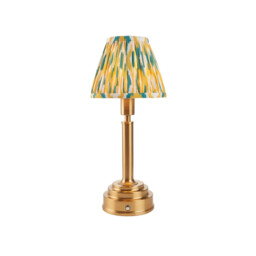 Upton Rechargeable Brushed Aged Brass Plate With Yellow Table Lamp with Jade Fabric Ikat Shade 16cm Integrated LED - thumbnail 1