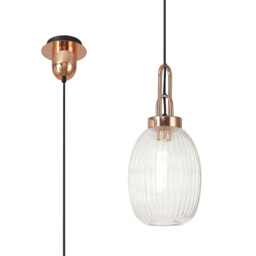 Yorktown Ceiling Pendant E27 With 20cm Almond Ribbed Glass, Clear Copper, Matt Black