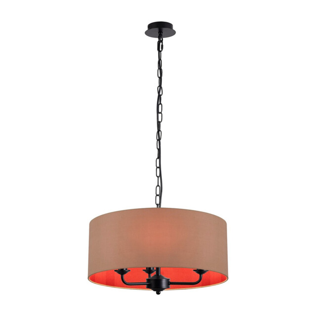 Banyan 3 Light Multi Arm Pendant With 50cm x 20cm Dual Faux Silk Fabric Shade Matt Black/Antique Gold - image 1