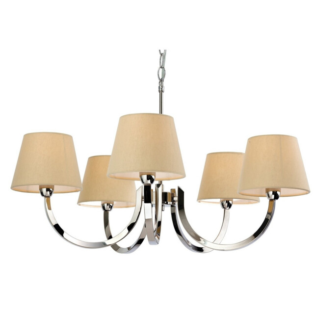 Fairmont 5 Light Multi Arm Chandelier Polished Stainless Steel, Cream Linen Shade, E14