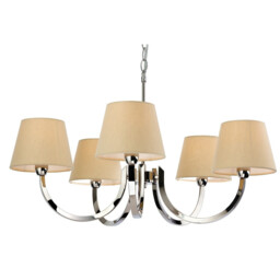 Fairmont 5 Light Multi Arm Chandelier Polished Stainless Steel, Cream Linen Shade, E14