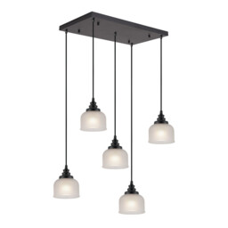 DeRuyter 5 Light Rectangular Pendant, E27, Satin Black/Prismatic Dome Glass, Frosted - thumbnail 1