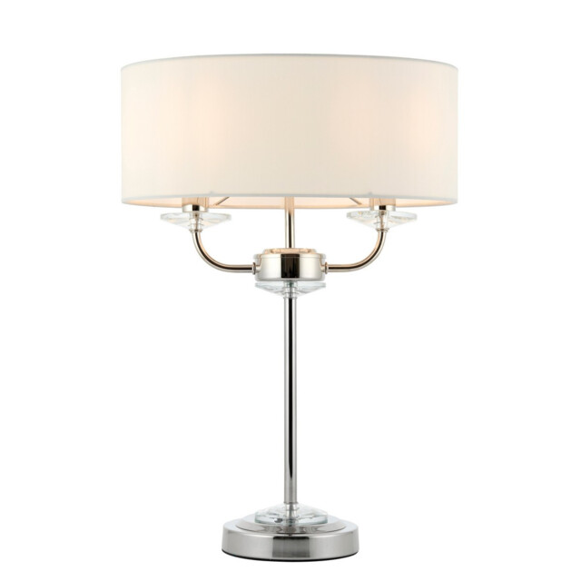 Nixon 2 Light Table Lamp Nickel Plate, White Silk Effect, Crystal Glass, E14