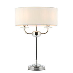 Nixon 2 Light Table Lamp Nickel Plate, White Silk Effect, Crystal Glass, E14