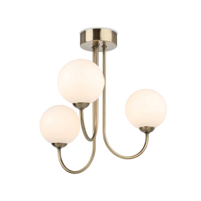 Lyndon 3 Light Globe Flush Fitting Antique Brass with Opal White Glass
