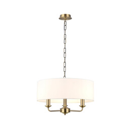 Banyan 3 Light Multi Arm Pendant, E14 Antique Brass With 45cm x 15cm Faux Silk Shade, White - thumbnail 1