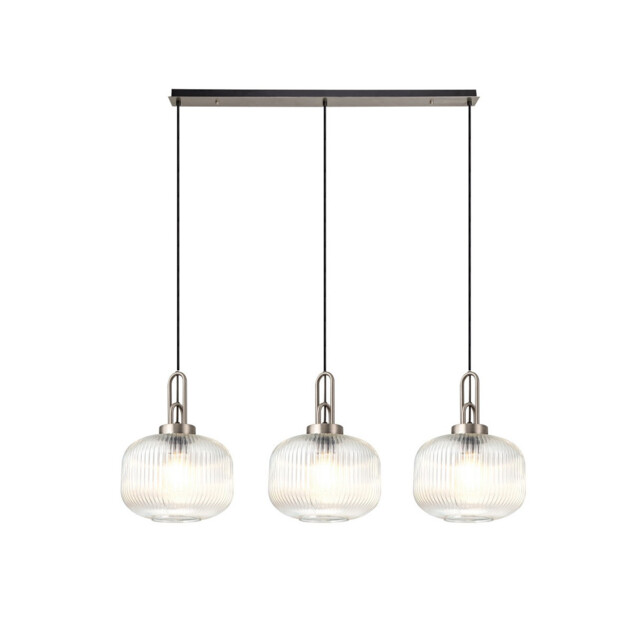 Yorktown Linear 3 Light Pendant E27, Antique Silver/Matt Black With 30cm Pumpkin Shaped Ribbed Clear Glass - image 1