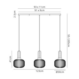 Yorktown Linear 3 Light Pendant E27, Antique Silver/Matt Black With 30cm Pumpkin Shaped Ribbed Clear Glass - thumbnail 2