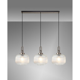 Yorktown Linear 3 Light Pendant E27, Antique Silver/Matt Black With 30cm Pumpkin Shaped Ribbed Clear Glass - thumbnail 3