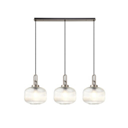 Yorktown Linear 3 Light Pendant E27, Antique Silver/Matt Black With 30cm Pumpkin Shaped Ribbed Clear Glass
