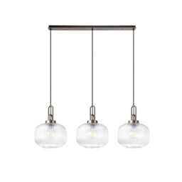 Yorktown Linear 3 Light Pendant E27, Antique Silver/Matt Black With 30cm Pumpkin Shaped Ribbed Clear Glass - thumbnail 5