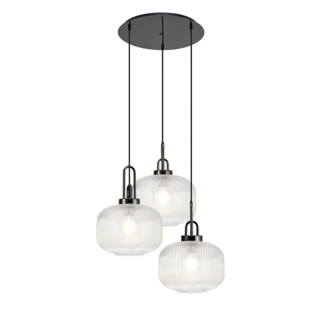 Yorktown 65cm 2m Round Pendant, 3 x E27, Black Chrome/Matt Black With 30cm Pumpkin Shaped Ribbed Clear Glass - image 1