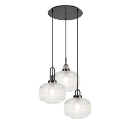 Yorktown 65cm 2m Round Pendant, 3 x E27, Black Chrome/Matt Black With 30cm Pumpkin Shaped Ribbed Clear Glass - thumbnail 1