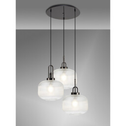 Yorktown 65cm 2m Round Pendant, 3 x E27, Black Chrome/Matt Black With 30cm Pumpkin Shaped Ribbed Clear Glass - thumbnail 3