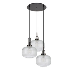 Yorktown 65cm 2m Round Pendant, 3 x E27, Black Chrome/Matt Black With 30cm Pumpkin Shaped Ribbed Clear Glass - thumbnail 5