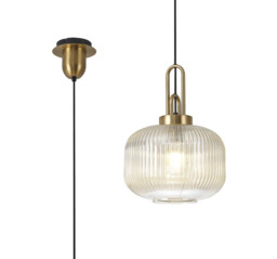 Yorktown 1 Light Pendant E27 With 30cm Pumpkin Shaped Ribbed Glass, Champagne Brass Gold, Matt Black - thumbnail 1